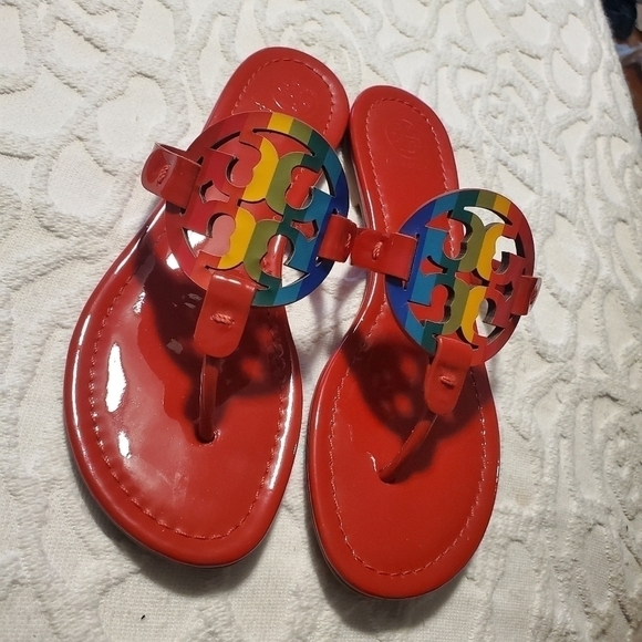 EC Tory Burch Miller Rainbow Stripe Sandals Size 7.5M - Picture 2 of 15